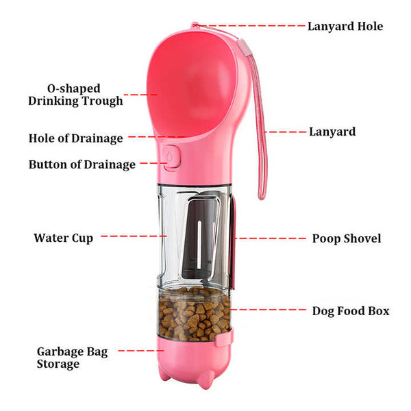 Elosung Pink 500Ml Portable Pet Water Bottle | Multifunctional Travel Feeder Outdoor Dog Drinking With Waste Shovel Water Bottles