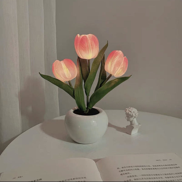 Pink Flowers Usb Tulip Night Light Bedroom Decor Table Lamp With Pu & Ceramic Pot Perfect Gift For Family Friends Night Lights