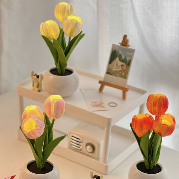 Pink Flowers Usb Tulip Night Light Bedroom Decor Table Lamp With Pu & Ceramic Pot Perfect Gift For Family Friends Night Lights