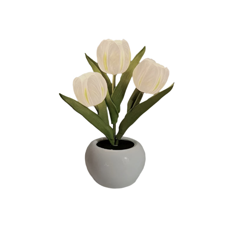 Elosung White Flowers Usb Tulip Night Light Bedroom Decor Table Lamp With Pu & Ceramic Pot Perfect Gift For Family Friends Night Lights
