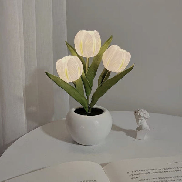 Elosung White Flowers Usb Tulip Night Light Bedroom Decor Table Lamp With Pu & Ceramic Pot Perfect Gift For Family Friends Night Lights