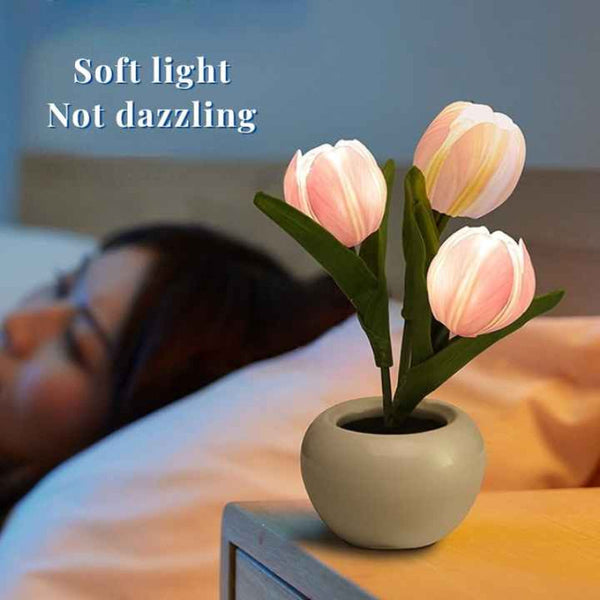 Elosung White Flowers Usb Tulip Night Light Bedroom Decor Table Lamp With Pu & Ceramic Pot Perfect Gift For Family Friends Night Lights