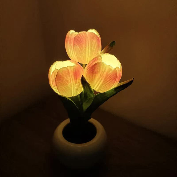 Elosung Orange Flowers Usb Tulip Night Light Bedroom Decor Table Lamp With Pu & Ceramic Pot Perfect Gift For Family Friends Night Lights