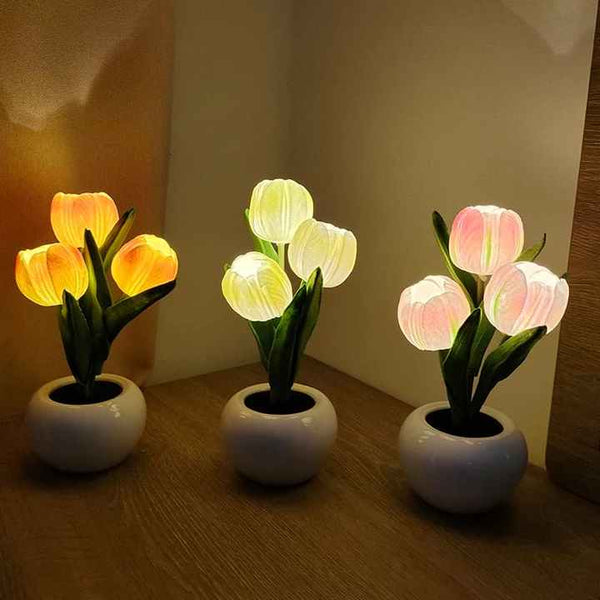 Elosung Orange Flowers Usb Tulip Night Light Bedroom Decor Table Lamp With Pu & Ceramic Pot Perfect Gift For Family Friends Night Lights