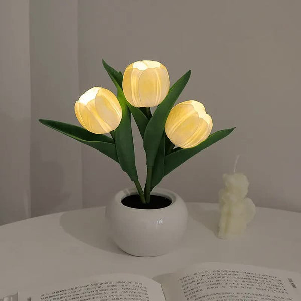 Elosung Yellow Flowers Usb Tulip Night Light Bedroom Decor Table Lamp With Pu & Ceramic Pot Perfect Gift For Family Friends Night Lights