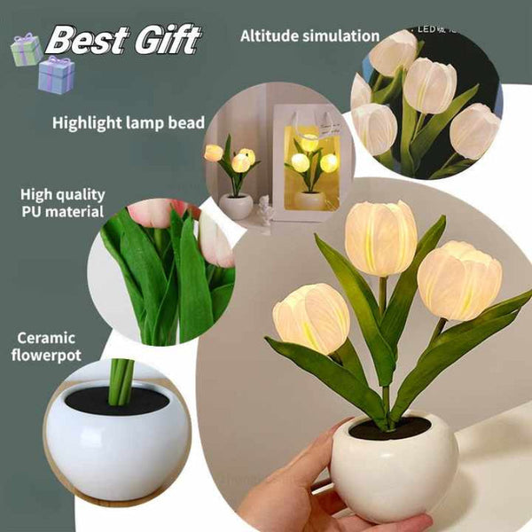 Blue Flowers Usb Tulip Night Light Bedroom Decor Table Lamp With Pu & Ceramic Pot Perfect Gift For Family Friends Night Lights