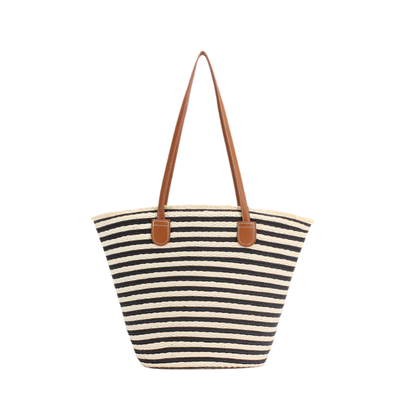 Elosung Black And White Stripes Handmade Large Capacity Striped Beach Tote Bag With Zipper Inner Pocket Summer Vacation Woven Shoulder For Women Women