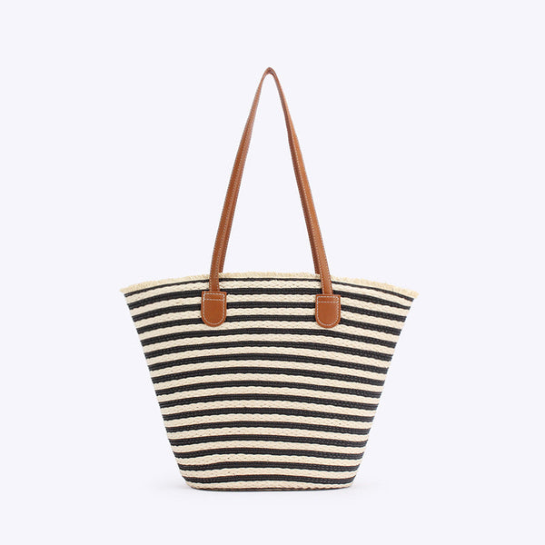 Elosung Black And White Stripes Handmade Large Capacity Striped Beach Tote Bag With Zipper Inner Pocket Summer Vacation Woven Shoulder For Women Women