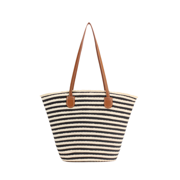 Elosung Black And White Stripes Handmade Large Capacity Striped Beach Tote Bag With Zipper Inner Pocket Summer Vacation Woven Shoulder For Women Women