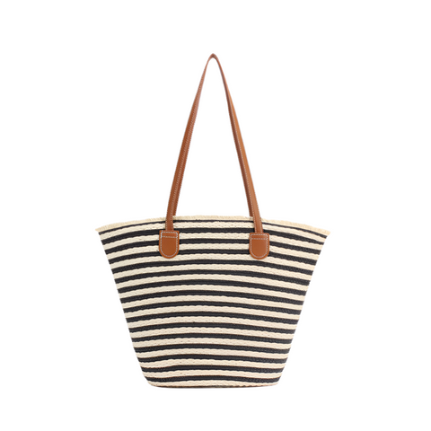 Elosung Black And White Stripes Handmade Large Capacity Striped Beach Tote Bag With Zipper Inner Pocket Summer Vacation Woven Shoulder For Women Women