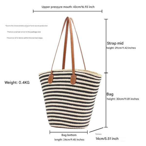Elosung Black And White Stripes Handmade Large Capacity Striped Beach Tote Bag With Zipper Inner Pocket Summer Vacation Woven Shoulder For Women Women