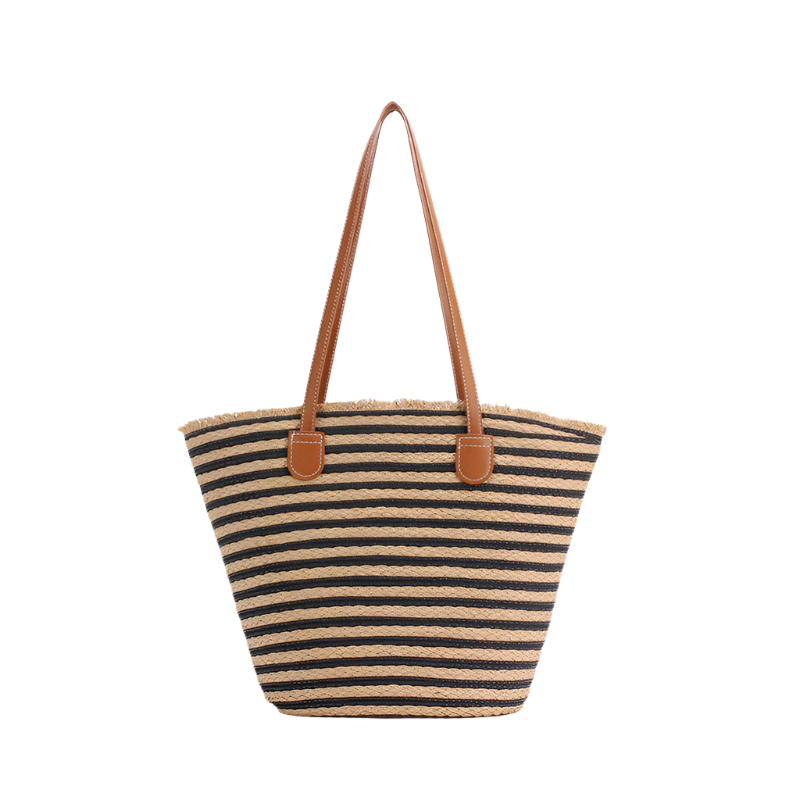 Elosung Black And Brown Stripes Handmade Large Capacity Striped Beach Tote Bag With Zipper Inner Pocket Summer Vacation Woven Shoulder For Women Women