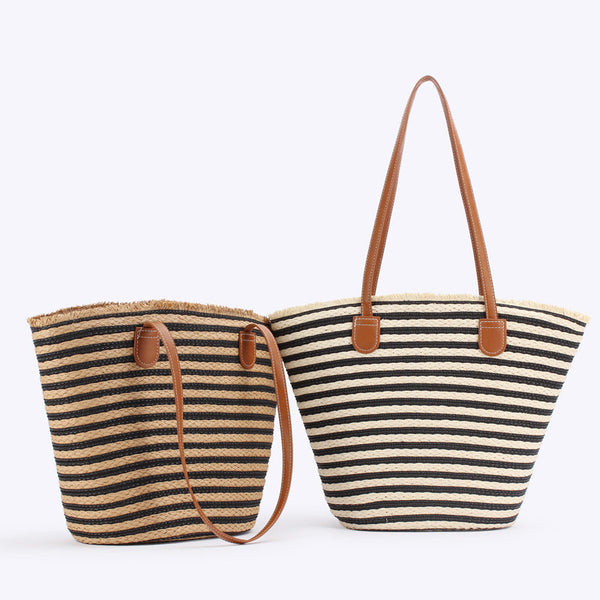 Elosung Black And Brown Stripes Handmade Large Capacity Striped Beach Tote Bag With Zipper Inner Pocket Summer Vacation Woven Shoulder For Women Women