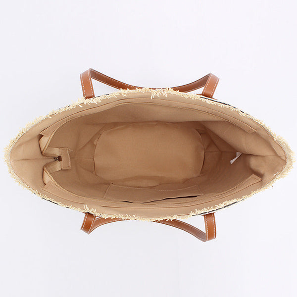 Elosung Black And Brown Stripes Handmade Large Capacity Striped Beach Tote Bag With Zipper Inner Pocket Summer Vacation Woven Shoulder For Women Women