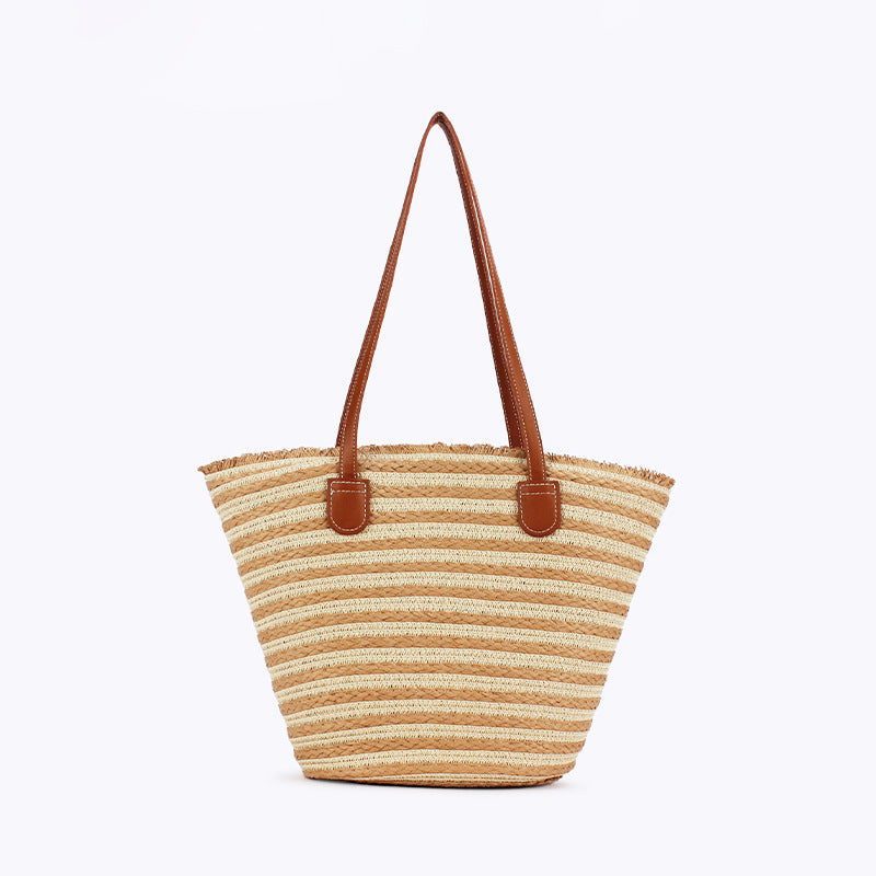 White And Yellow Stripes Handmade Large Capacity Striped Beach Tote Bag With Zipper Inner Pocket Summer Vacation Woven Shoulder For Women Women's Bags