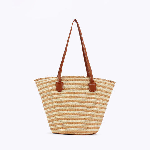 White And Yellow Stripes Handmade Large Capacity Striped Beach Tote Bag With Zipper Inner Pocket Summer Vacation Woven Shoulder For Women Women's Bags