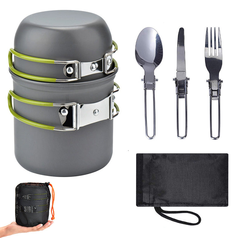 Green And Grey Compact Outdoor Set With 410 Stainless Steel Utensils Camping Cookware