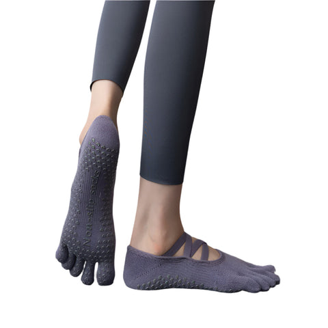 Elosung 2 Pcs Purple Non Slip Yoga Pilates With Toe Design For Women Cotton Blend Anti Silicone Grip Socks