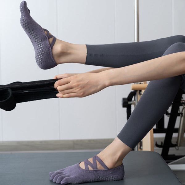 Elosung 2 Pcs Purple Non Slip Yoga Pilates With Toe Design For Women Cotton Blend Anti Silicone Grip Socks