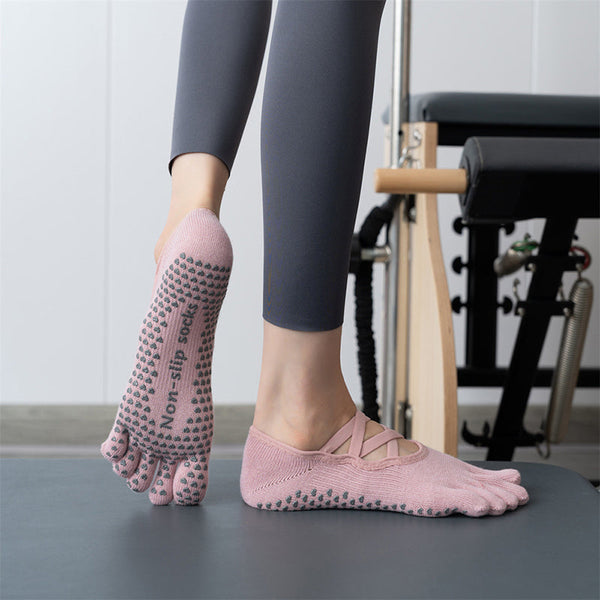 Elosung 2 Pcs Pink Non Slip Yoga Pilates With Toe Design For Women Cotton Blend Anti Silicone Grip Socks