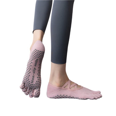 Elosung 2 Pcs Pink Non Slip Yoga Pilates With Toe Design For Women Cotton Blend Anti Silicone Grip Socks