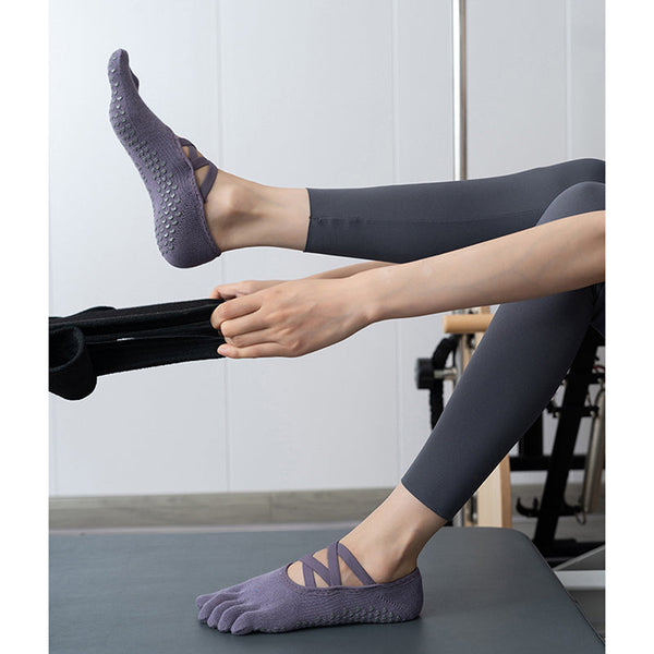 Elosung 2 Pcs Pink Non Slip Yoga Pilates With Toe Design For Women Cotton Blend Anti Silicone Grip Socks