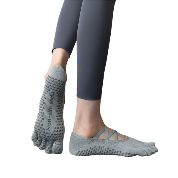 Elosung 2 Pcs Grey Non Slip Yoga Pilates With Toe Design For Women Cotton Blend Anti Silicone Grip Socks