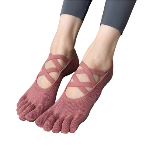 Elosung 2 Pcs Brick Red Non Slip Yoga Pilates With Toe Design For Women Cotton Blend Anti Silicone Grip Socks