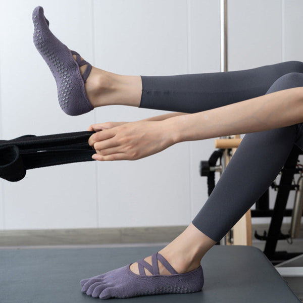 Elosung 2 Pcs Brick Red Non Slip Yoga Pilates With Toe Design For Women Cotton Blend Anti Silicone Grip Socks