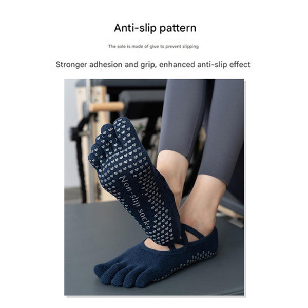 Elosung 2 Pcs Grey Non Slip Yoga Pilates With Toe Design For Women Cotton Blend Anti Silicone Grip Socks