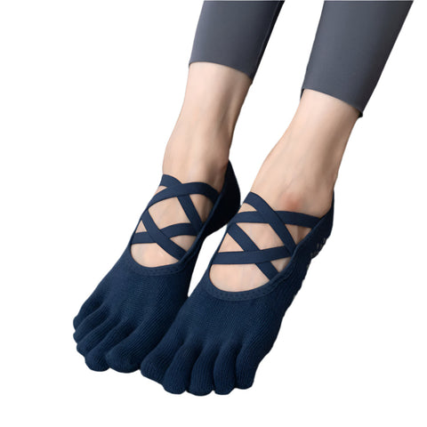 Elosung 2 Pcs Dark Blue Non Slip Yoga Pilates With Toe Design For Women Cotton Blend Anti Silicone Grip Socks