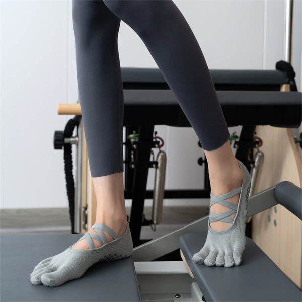 Elosung 2 Pcs Dark Blue Non Slip Yoga Pilates With Toe Design For Women Cotton Blend Anti Silicone Grip Socks