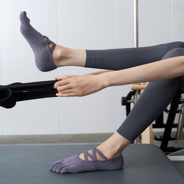 Elosung 2 Pcs Dark Blue Non Slip Yoga Pilates With Toe Design For Women Cotton Blend Anti Silicone Grip Socks