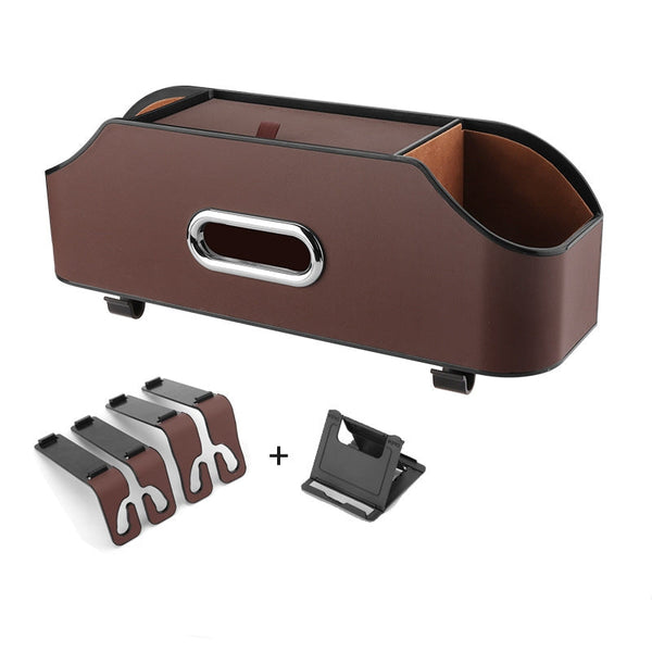 Elosung Brown Car Seat Back Organizer Multi Function Storage Box With Tissue Holder Cup And Phone Mount Car Organisers