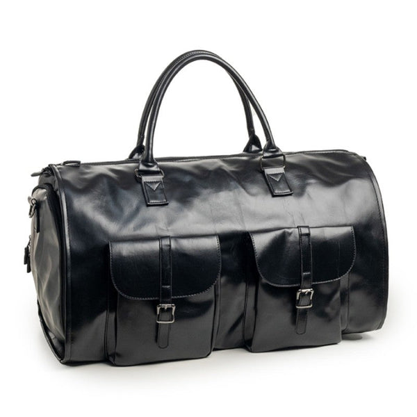 Elosung Black Pu Leather Travel Duffel Bag Multifunctional Overnight Gym With Spacious Compartments Duffle Bags