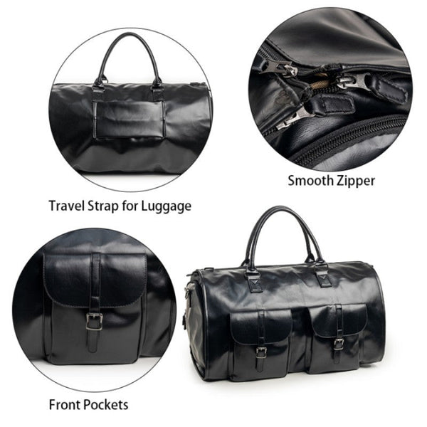 Elosung Black Pu Leather Travel Duffel Bag Multifunctional Overnight Gym With Spacious Compartments Duffle Bags