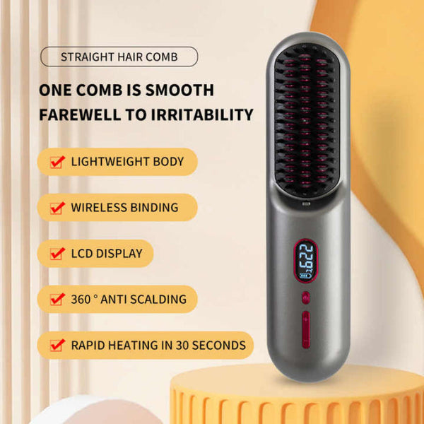 Elosung Gray Rechargeable Ionic Hair Straightening Comb Usb Wireless Travel Style Straightening & Curling Irons