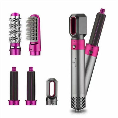 Rose Red 5 In 1 Hot Air Styler Automatic Hair Curling Straightening Brush With Leafless Dryer Straightening & Curling Irons