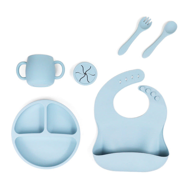 Elosung Blue 096# Silicone Little One Feeding Set Suction Plate Bib Cup & Utensils | Bpa Free Tableware Baby Feeding Sets