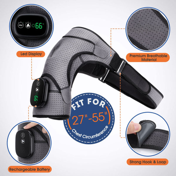 Black Rechargeable Heated Shoulder Massager With Led Display Adjustable Compression Wrap For Pain Relief And Relaxation Massagers