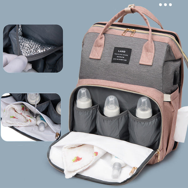 Elosung Multifunctional Diaper Backpack With Mosquito Net Insulated Pockets Pink Grey Nappy Bags