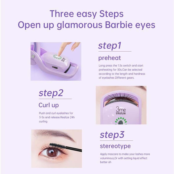 Elosung Purple Electric Heated Eyelash Curler 3 Temperature Settings Rechargeable Compact Design Eyelash Tools
