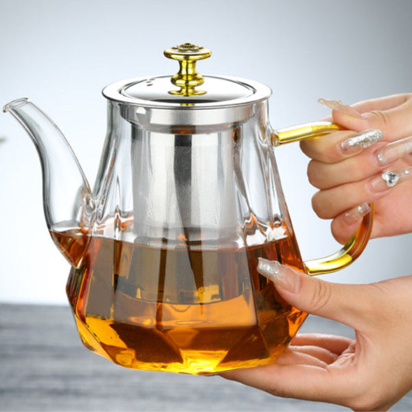 Elosung Elegant Glass Teapot With Gold Handle And Stainless Steel Infuser 1000Ml Capacity Percolators Turkish Coffee Pots
