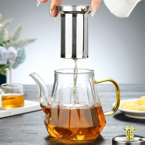 Elosung Elegant Glass Teapot With Gold Handle And Stainless Steel Infuser 600Ml Capacity Percolators Turkish Coffee Pots
