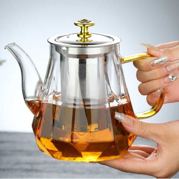 Elosung Elegant Glass Teapot With Gold Handle And Stainless Steel Infuser 800Ml Capacity Percolators Turkish Coffee Pots