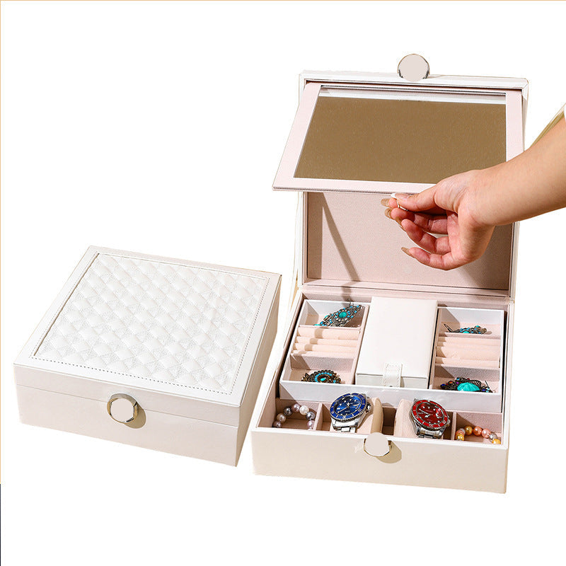 Veile Studios White Luxury Quilted Jewelry Storage Box With Mirror And Multi Layer Compartments Jewellery Boxes