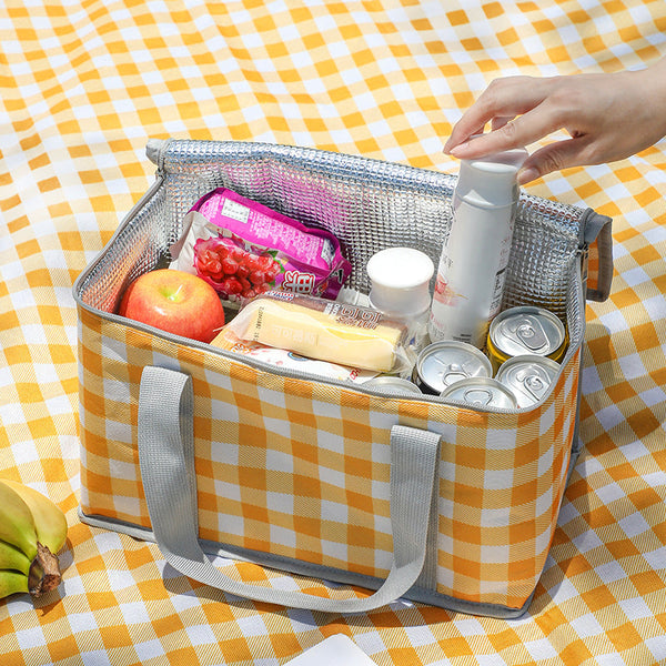 Elosung 2Pcs Yellow Insulated Picnic Lunch Bag With Checkered Design Thermal Storage For Hot Cold Items Lunchboxes