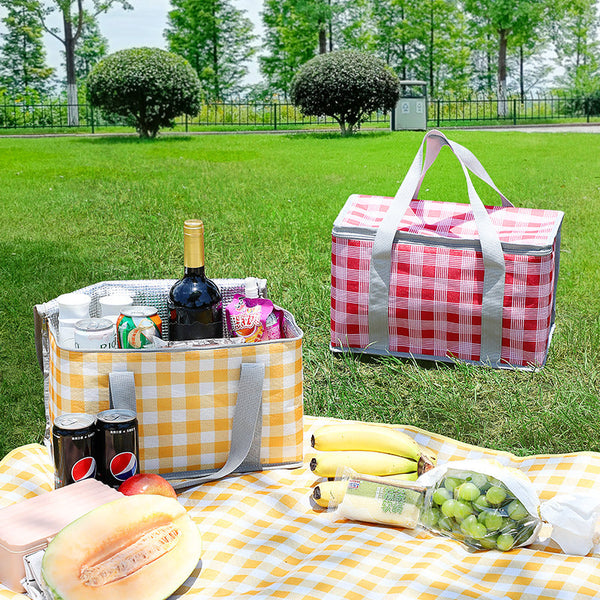 Elosung 2Pcs Yellow Insulated Picnic Lunch Bag With Checkered Design Thermal Storage For Hot Cold Items Lunchboxes