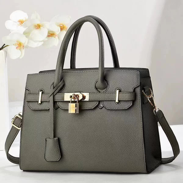 Elosung Gray Elegant Pu Leather Handbag With Lock Decoration Structured Tote Bag For Women Women's Bags & Handbags