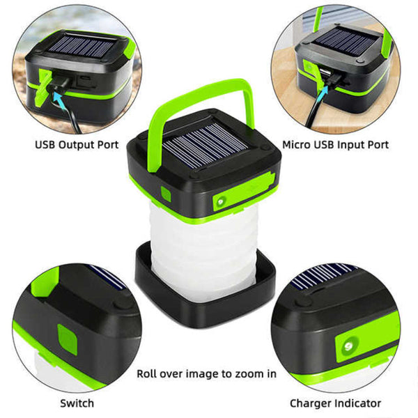 Green Collapsible Portable Solar Led Camping Lantern With Usb Charging Lanterns